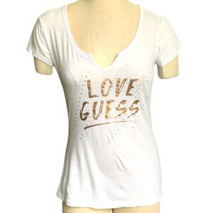 GUESS‎ White Graphic Tee Beaded/Studed Sz M #67G